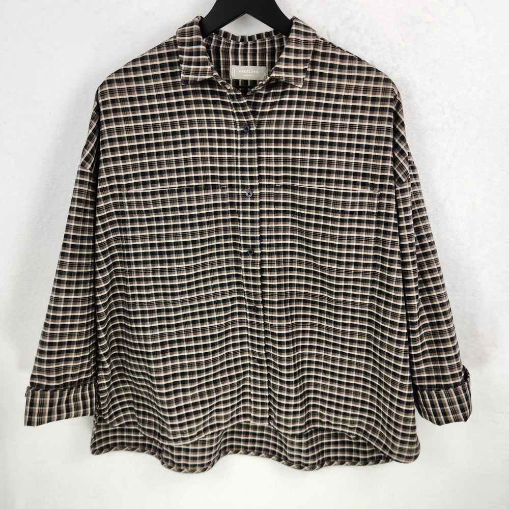 Everlane Organic Cotton Button Shirt Womens L Brown Plaid Oversized Lagenlook